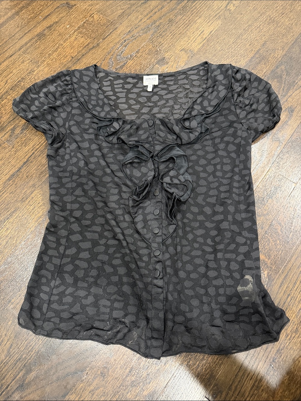 Vintage 1990s/y2k Armani Exchange Black Ruffle Front Short Sleeve Blouse size 8